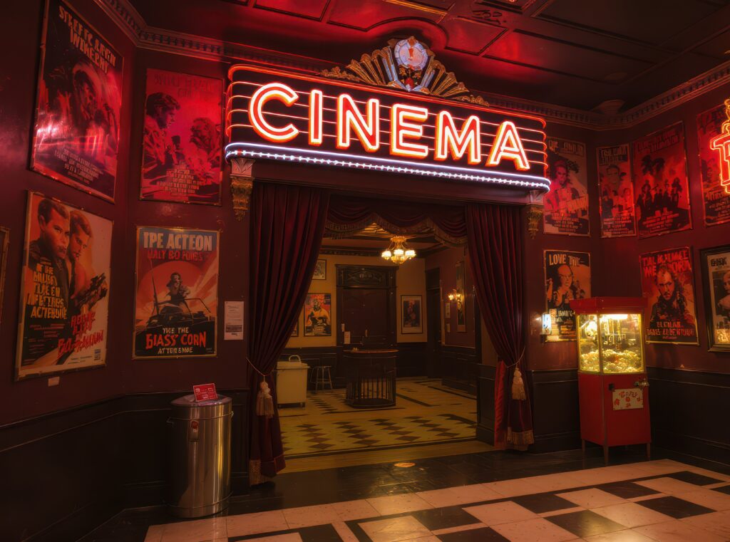 Vintage Cinema Entrance with Neon Sign and Classic Movie Posters